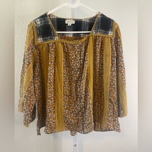 POL Mustard Floral and Plaid Women's Top Size Small